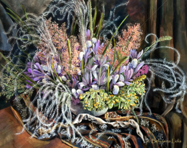 Bouquet from the steppe of Khakassia Printmaking titled "Bouquet from the st…" by Lidia Belyasin, Original Artwork, Tempera Mounted on Wood Stretcher frame