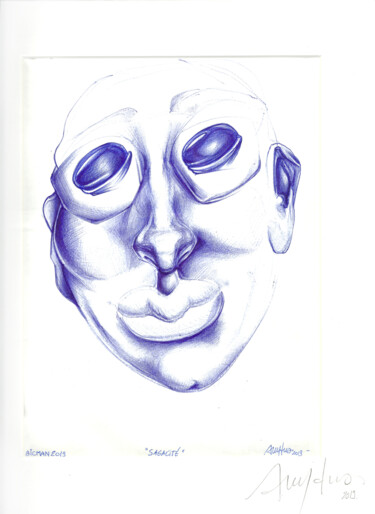 Dessin intitulée "" Sagacité " - Séri…" par Grégory Dreyfus, Œuvre d'art originale, Stylo à bille Monté sur Autre panneau ri…