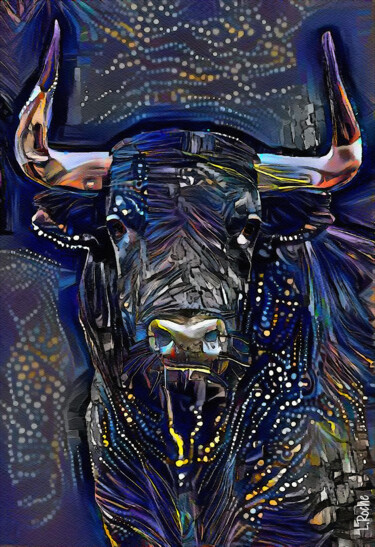 Toro azulon, bull- Mix media on panel - 70x48 cm-OOAK