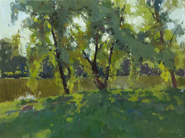Painting titled "Ивы у пруда. Willow…" by Andrei Zhilov, Original Artwork, Oil Mounted on Wood Stretcher frame