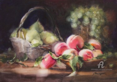 Peinture intitulée "Pêches et poires" par Sylvie Vernageau, Œuvre d'art originale, Aquarelle