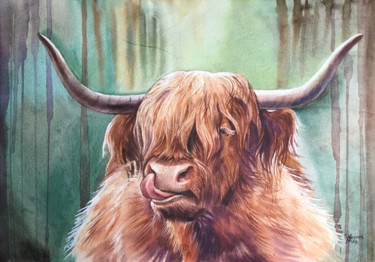 Bull Schilderij getiteld "Bull" door Natalia Veyner, Origineel Kunstwerk, Aquarel