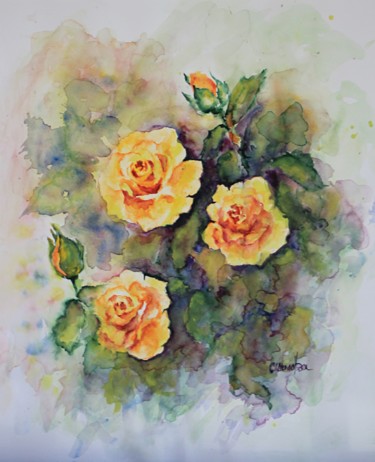 Peinture intitulée "trois roses jaunes…" par Olga Chilova - Stephan, Œuvre d'art originale, Aquarelle