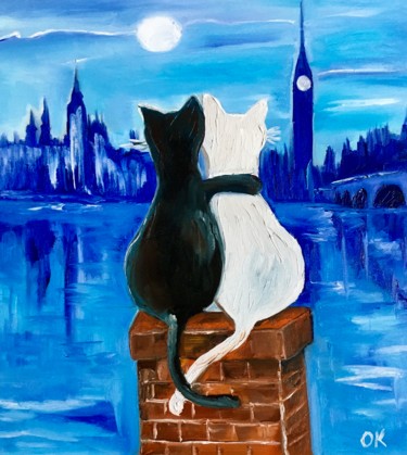 제목이 "Cats in London,  ro…"인 미술작품 Olga Koval로, 원작, 기름 나무 들것 프레임에 장착됨