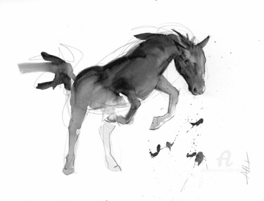 「Cheval rétif 044」というタイトルの描画 Alliet-Delacroixによって, オリジナルのアートワーク, インク 段ボールにマウント