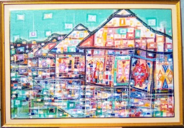 Schilderij getiteld "L'Abri Provisoire" door Kassoum Soro, Origineel Kunstwerk, Acryl