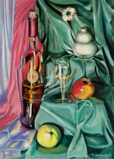 Still life with apples and wine Printmaking titled "Still life with app…" by Lidia Belyasin, Original Artwork, Tempera Mounted on Cardboard