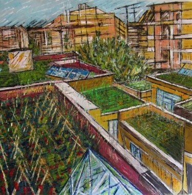 Pittura intitolato "Orti sui tetti" da Daniela Foschi, Opera d'arte originale, Olio Montato su Telaio per barella in legno