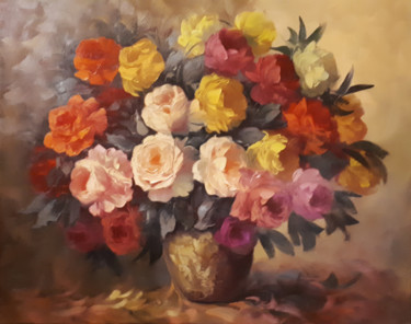 Roses-2 (100x80cm, oil painting, palette knife) Pintura intitulada "Roses-2 (100x80cm,…" por Kamo Atoyan, Obras de arte originais, Óleo Montado em Armação em madeira