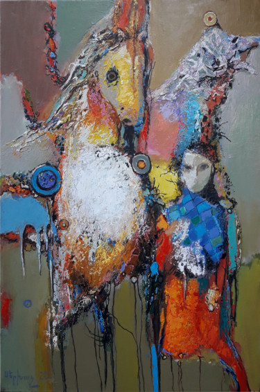 Girl with horse (50x70cm, oil/canvas, ready to hang) 绘画 标题为“Girl with horse (50…” 由Serkhach, 原创艺术品, 油 安装在木质担架架上