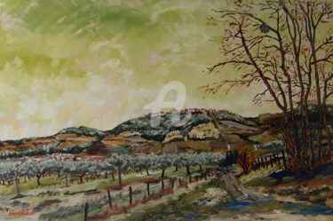 Vin jaune en manteau ocre Painting titled "Vin jaune en mantea…" by Francis Lardé, Original Artwork, Oil Mounted on Wood Stretcher frame
