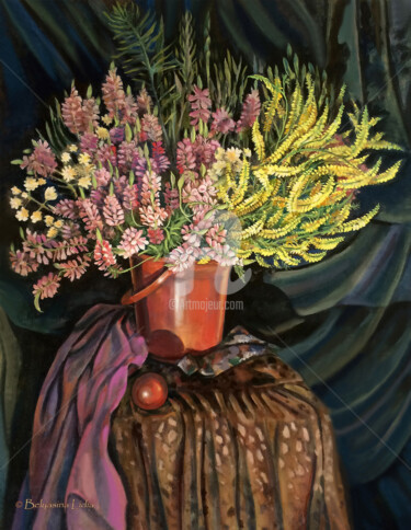 Bouquet with Lupines Printmaking titled "Bouquet with Lupines" by Lidia Belyasin, Original Artwork, Tempera Mounted on Cardboard