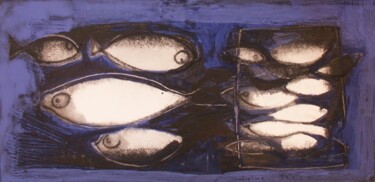 Painting titled "Poissons bleus" by Sylvie Serre, Original Artwork, Acrylic Mounted on Wood Stretcher frame