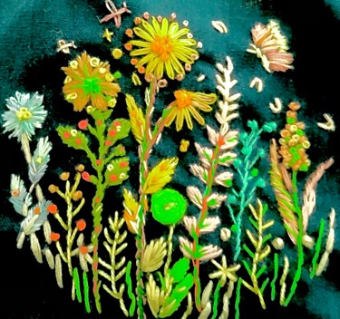 제목이 "Horizon fleuri"인 섬유 예술 Lisette로, 원작, 자수 목재 패널에 장착됨