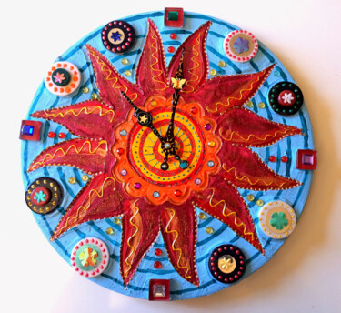 horloge "sun flower" mosaïque et peinture diam 34 cm Design titled "horloge "sun flower…" by Odile Maffone Mosaïque Joyeuse, Original Artwork, Acrylic Mounted on Wood Panel