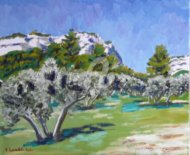Painting titled "Oliviers aux Baux" by Francis Lardé, Original Artwork, Oil Mounted on Wood Stretcher frame