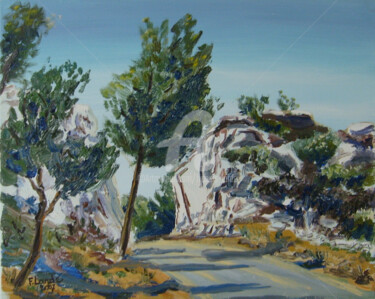 Painting titled "Route des Baux 2" by Francis Lardé, Original Artwork, Oil Mounted on Wood Stretcher frame