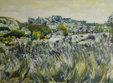 Painting titled "Mistral aux Baux" by Francis Lardé, Original Artwork, Oil Mounted on Wood Stretcher frame