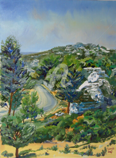 Painting titled "Route des Baux 3" by Francis Lardé, Original Artwork, Oil Mounted on Wood Stretcher frame