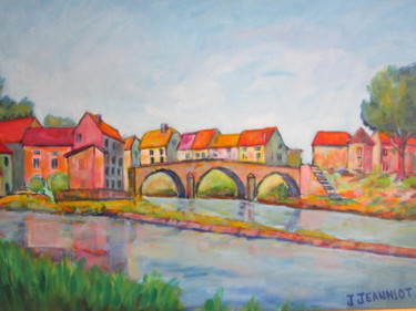 Derrière le pont à Port sur Saône 제목이 "Derrière le pont à…"인 미술작품 Joel Jeanniot로, 원작, 기름 나무 들것 프레임에 장착됨