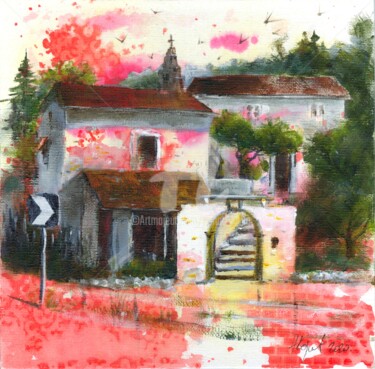 Vines and olive courtyard Gouvia Corfu Greece 20x20cm 2020 Painting titled "Vines and olive cou…" by Nenad Kojić, Original Artwork, Acrylic Mounted on Cardboard