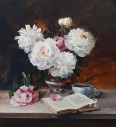 Peinture intitulée "Pivoines sur fond b…" par Sylvie Vernageau, Œuvre d'art originale, Huile