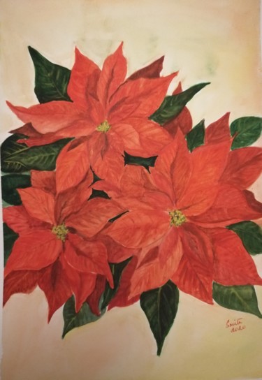 Poinsettias Peinture intitulée "Poinsettias" par Smita Srivastav, Œuvre d'art originale, Aquarelle