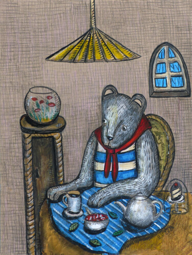 PICASSO THE BEAR Peinture intitulée "PICASSO THE BEAR" par Elizaveta Vlasova, Œuvre d'art originale, Acrylique