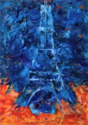 Paris s'enflamme Painting titled "Paris s'enflamme" by Habib Bouyachou, Original Artwork, Acrylic Mounted on Wood Stretcher frame