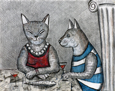 绘画 标题为“Cat's dinner” 由Elizaveta Vlasova, 原创艺术品, 丙烯