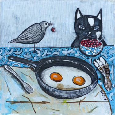 绘画 标题为“Cat's breakfast” 由Elizaveta Vlasova, 原创艺术品, 丙烯