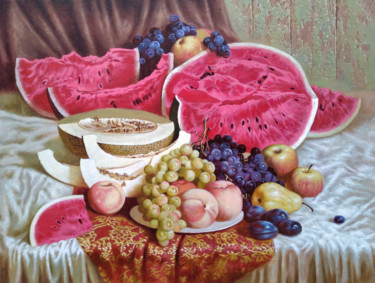Натюрморт с арбузом Peinture intitulée "Натюрморт с арбузом" par Oleg Khoroshilov, Œuvre d'art originale, Acrylique