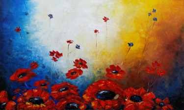 Pintura intitulada "Red flowers (100x60…" por Narek, Obras de arte originais, Óleo Montado em Armação em madeira
