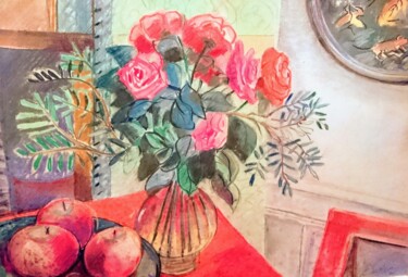 J'aime le rouge de la pomme , des roses et de ma table Рисунок под названием "J'aime le rouge de…" - Sophie Dressler, Подлинное произведение искусства, Пастель Установлен на Друга…