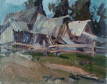Painting titled "У околицы (At a vil…" by Olga Puzanova, Original Artwork, Oil