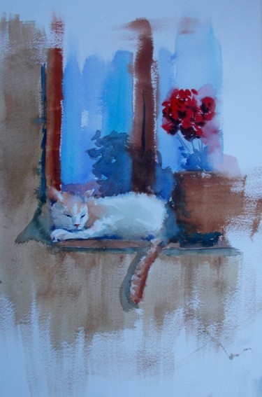 제목이 "cat on windowsill 2"인 미술작품 Giorgio Gosti로, 원작, 수채화