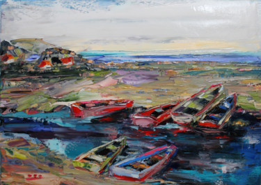 绘画 标题为“A quiet harbor. Boa…” 由Oleg Sharapanovsky, 原创艺术品, 油 安装在木质担架架上