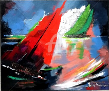 Peinture intitulée "La voile rouge" par Jacky Dumergue, Œuvre d'art originale, Huile Monté sur Châssis en bois
