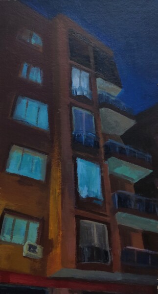 Peinture intitulée "BuildingNight_2021" par Uğur Ergül, Œuvre d'art originale, Acrylique