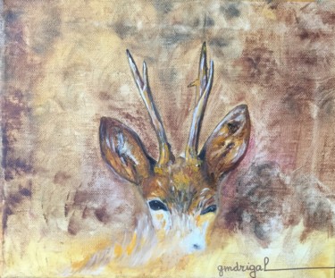 Painting titled "Le Chevreuil d'Aubr…" by Geneviève Madrigal, Original Artwork, Oil Mounted on Wood Stretcher frame