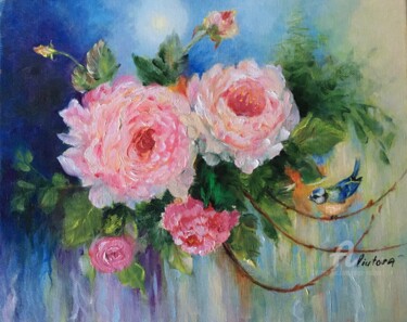 Schilderij getiteld "Roses and canary 2" door Olga Liutova-Amplatz, Origineel Kunstwerk, Olie