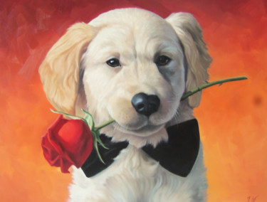Doggy with red rose (40x50cm, oil painting, ready to hang) 绘画 标题为“Doggy with red rose…” 由Sergey Miqayelya, 原创艺术品, 油 安装在木质担架架上