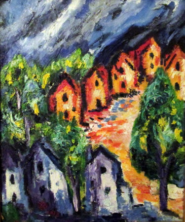 un petit village imaginaire Painting titled "un petit village im…" by Ludovic Catry, Original Artwork, Oil