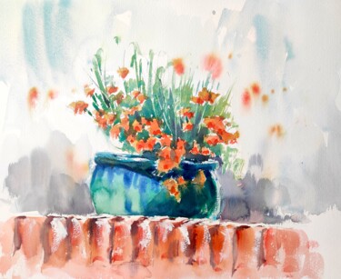 CALIFORNIA POPPIES in a blue flower pot