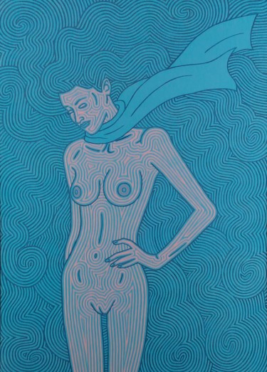 제목이 "La sciarpa azzurra"인 미술작품 Marco Ugoni로, 원작, 아크릴 나무 들것 프레임에 장착됨
