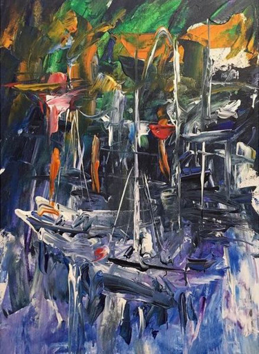 Painting titled "Abstract sailboats…" by Alen Sirbubalo, Original Artwork, Acrylic Mounted on Wood Stretcher frame