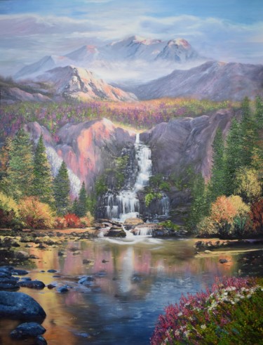 Painting titled "Majestic Falls" by Kenneth Halvorsen, Original Artwork, Oil