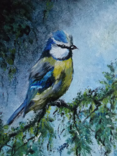 Peinture intitulée "Mésange" par Martine Lacotte, Œuvre d'art originale, Huile