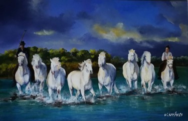 Painting titled "galop en Camargue" by Valerie Sorbets, Original Artwork, Oil