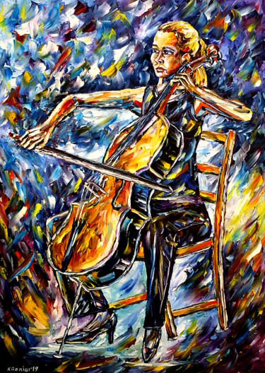 Schilderij getiteld "Cellistin (Franzisk…" door Mirek Kuzniar, Origineel Kunstwerk, Olie